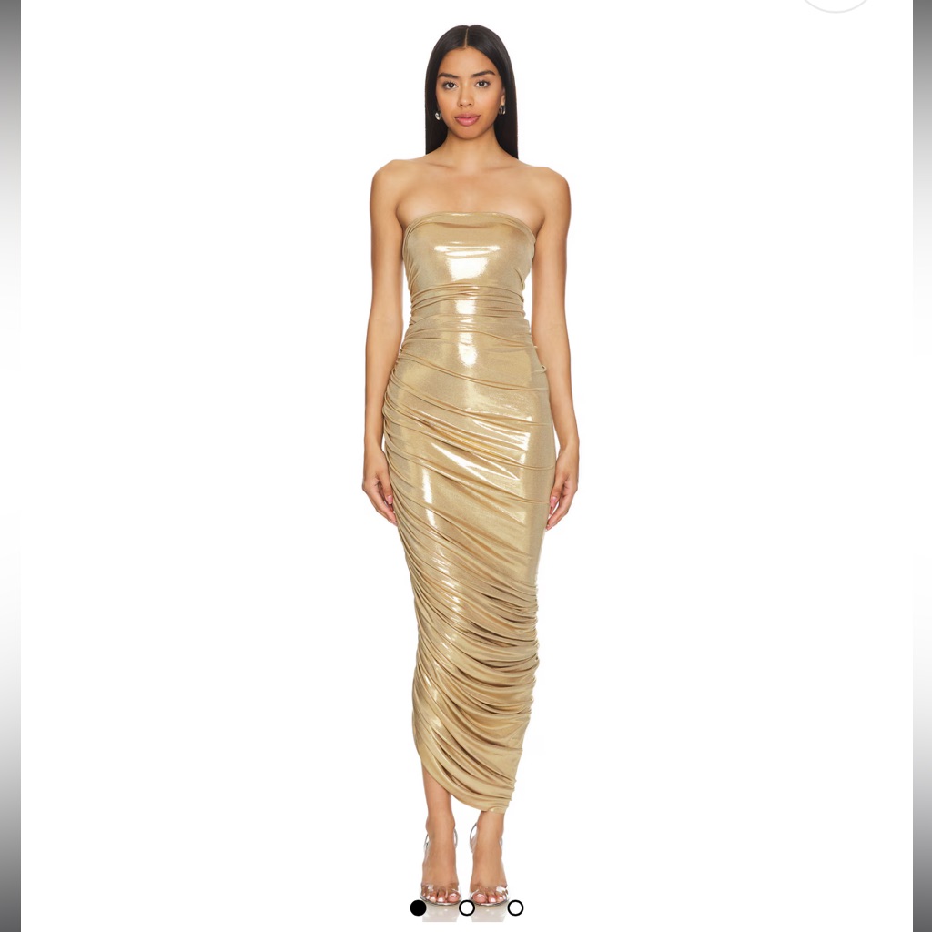 Norma Kamali Gold Ruched Strapless Cocktail Gown